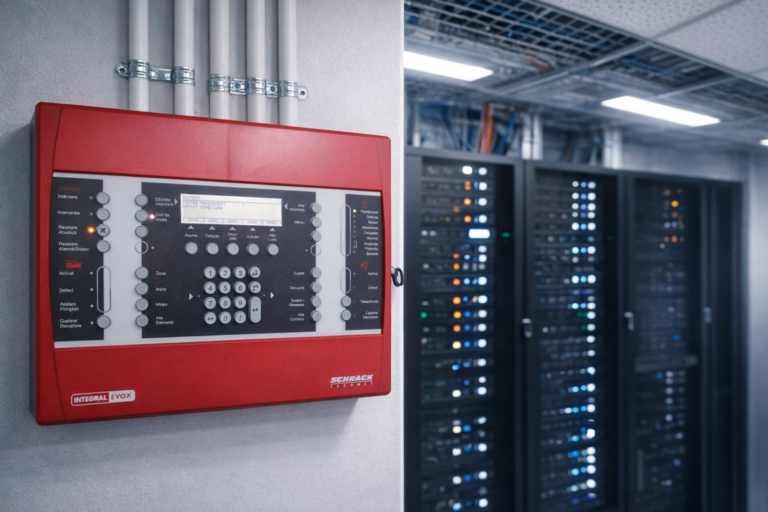 Centrală adresabilă de detecție incendiu instalată într-o cameră server pentru identificarea timpurie a incendiilor